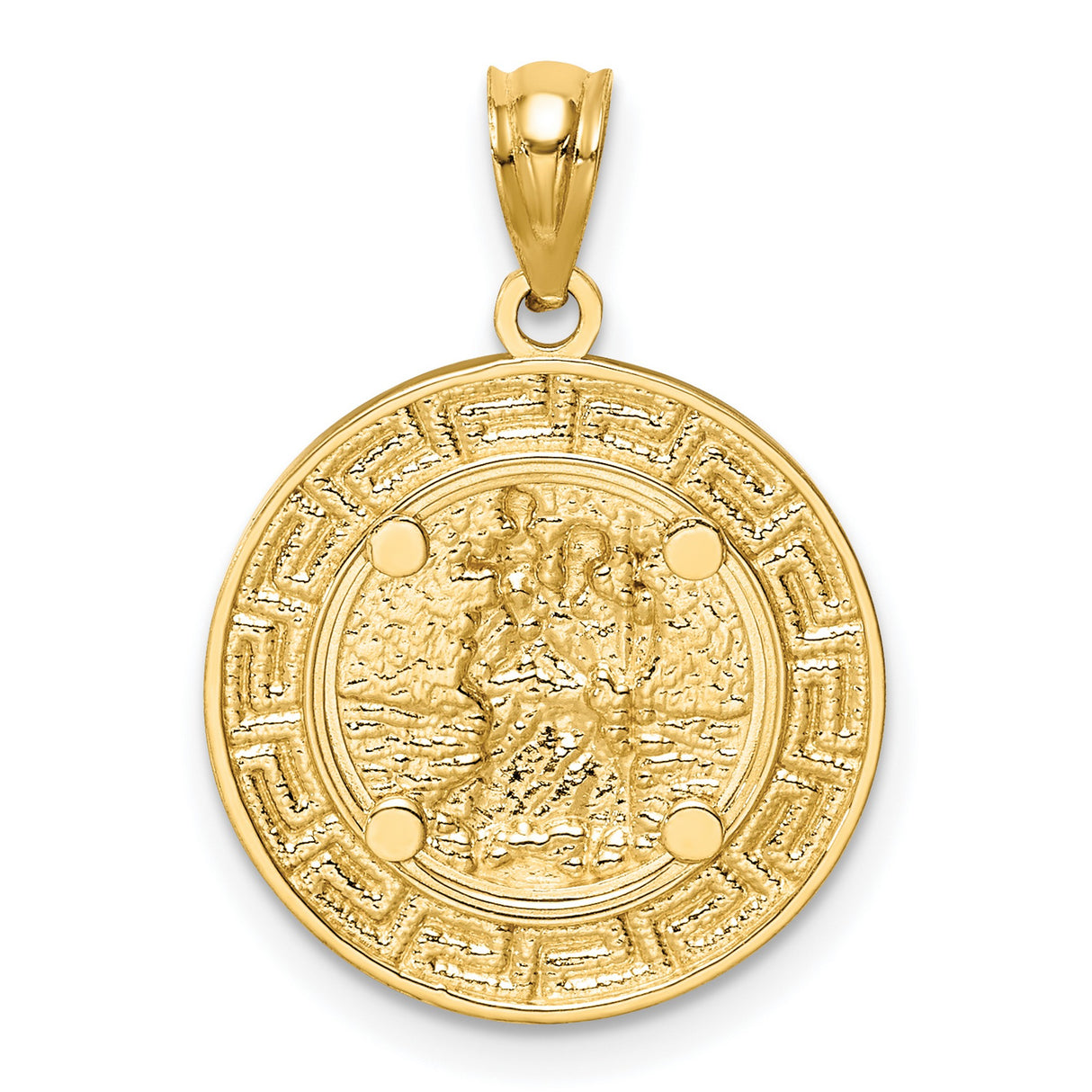 Saint Christopher Image Round with Greek Key Border Charm Pendant in Real 14k Multi-Tone Gold