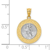 Saint Christopher Image Round with Greek Key Border Charm Pendant in Real 14k Multi-Tone Gold