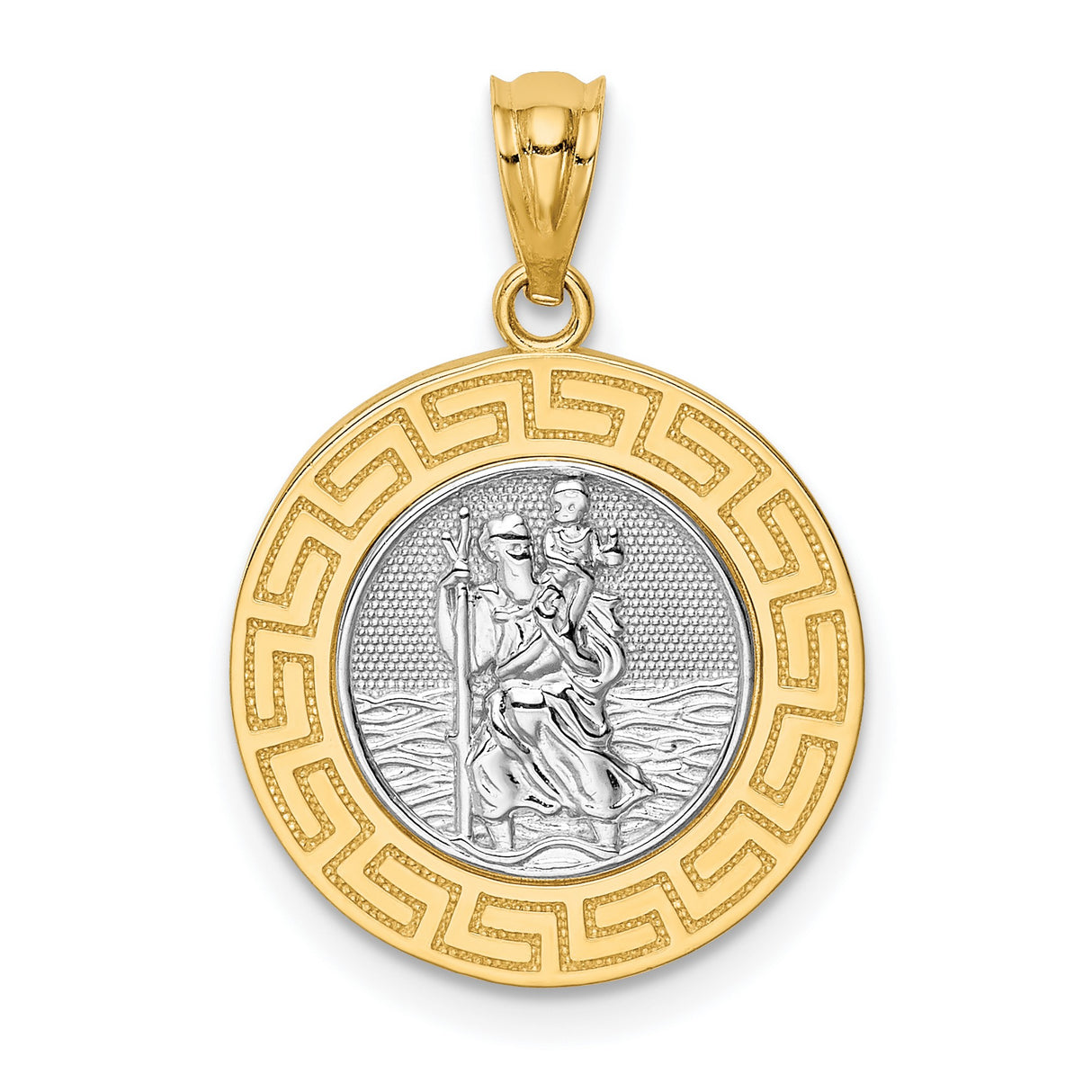 Saint Christopher Image Round with Greek Key Border Charm Pendant in Real 14k Multi-Tone Gold