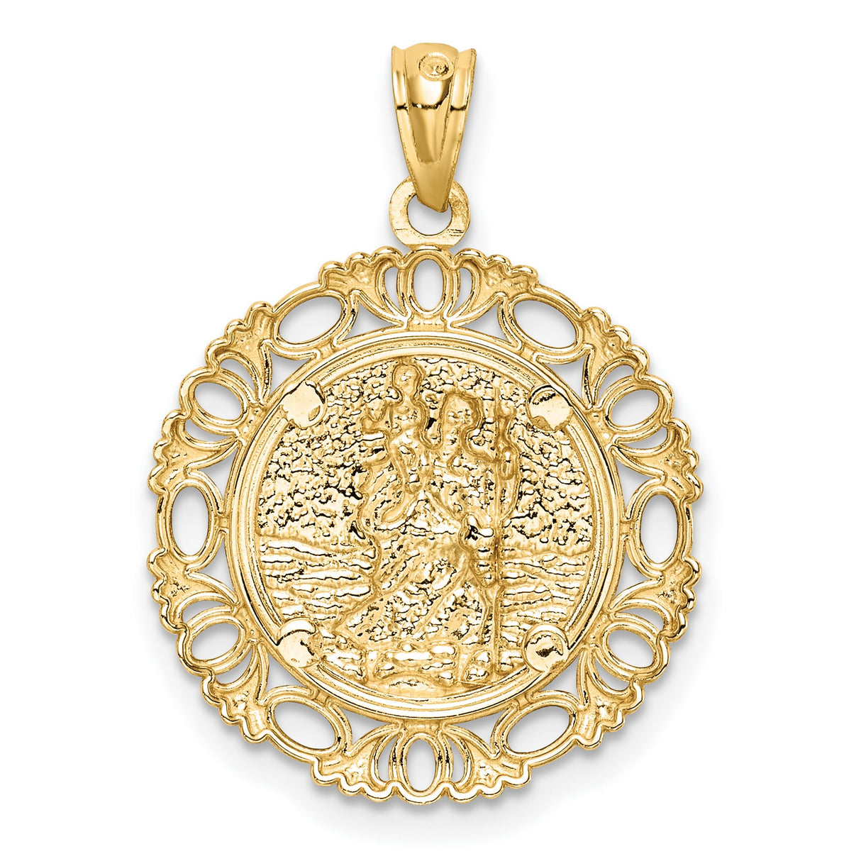 Saint Christopher Figure Round with Fancy Border Charm Pendant in Real 14k Multi-Tone Gold