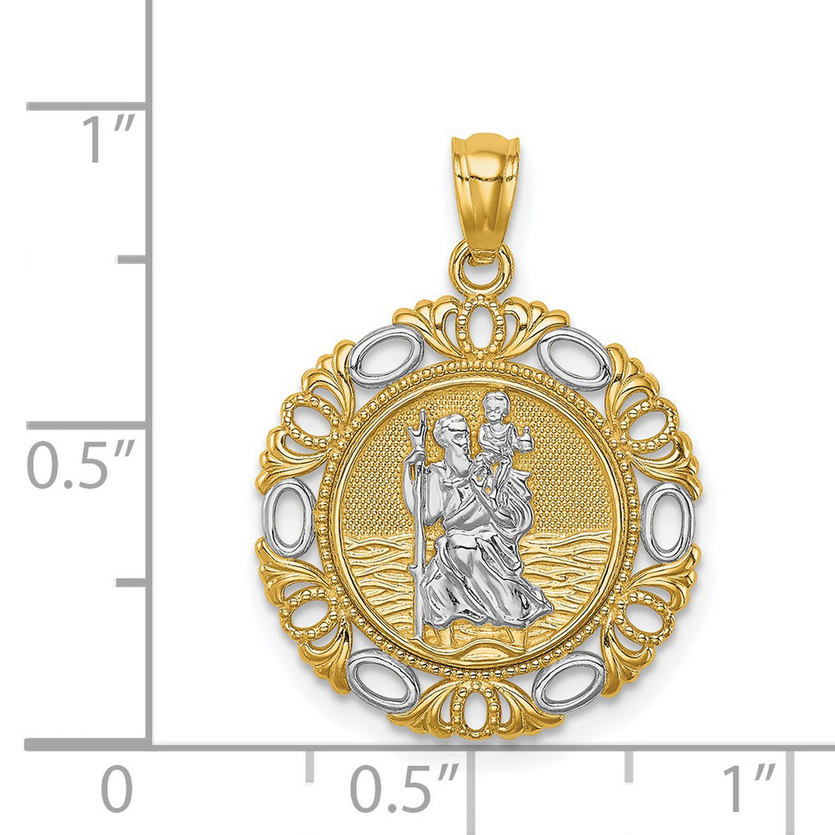 Saint Christopher Figure Round with Fancy Border Charm Pendant in Real 14k Multi-Tone Gold