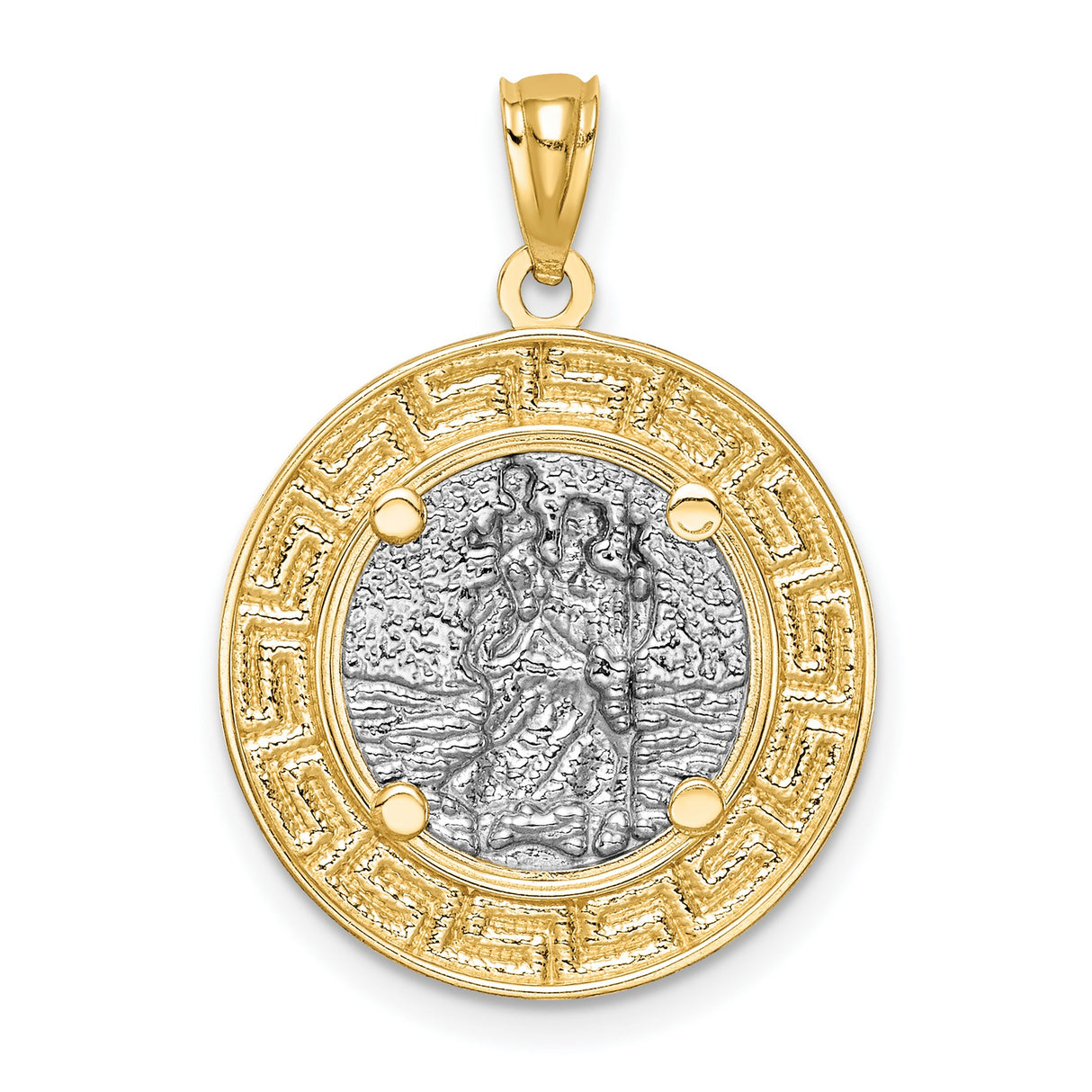 Saint Christopher Image Round with Greek Key Border Charm Pendant in Real 14k Multi-Tone Gold