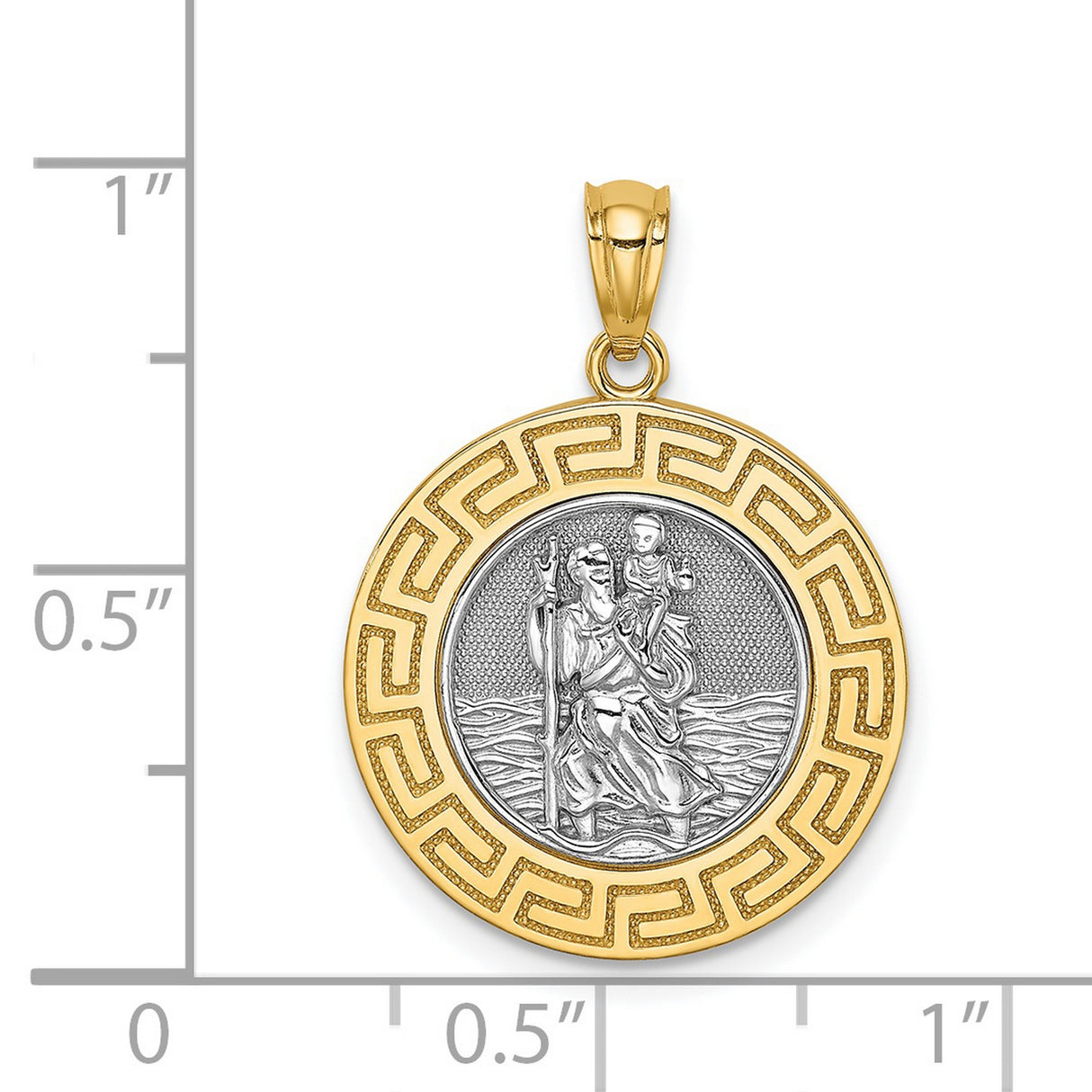 Saint Christopher Image Round with Greek Key Border Charm Pendant in Real 14k Multi-Tone Gold