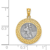 Saint Christopher Image Round with Greek Key Border Charm Pendant in Real 14k Multi-Tone Gold