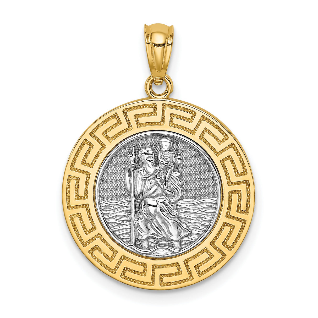 Saint Christopher Image Round with Greek Key Border Charm Pendant in Real 14k Multi-Tone Gold