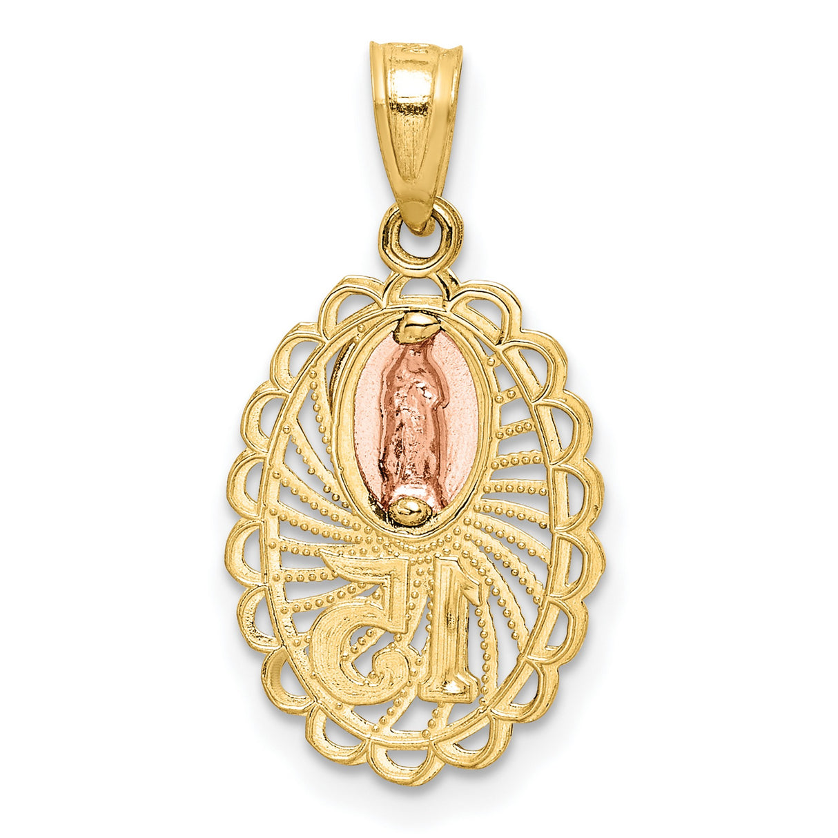 Number 15 with Our Lady of Guadalupe Oval Charm Pendant in Real 14k Multi-Tone Gold