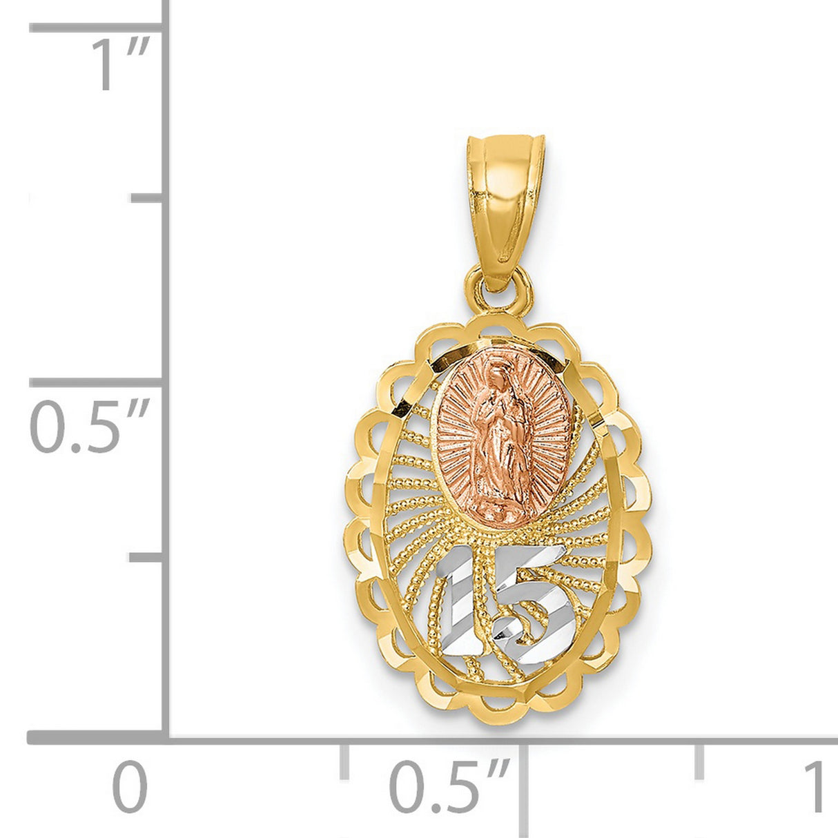 Number 15 with Our Lady of Guadalupe Oval Charm Pendant in Real 14k Multi-Tone Gold