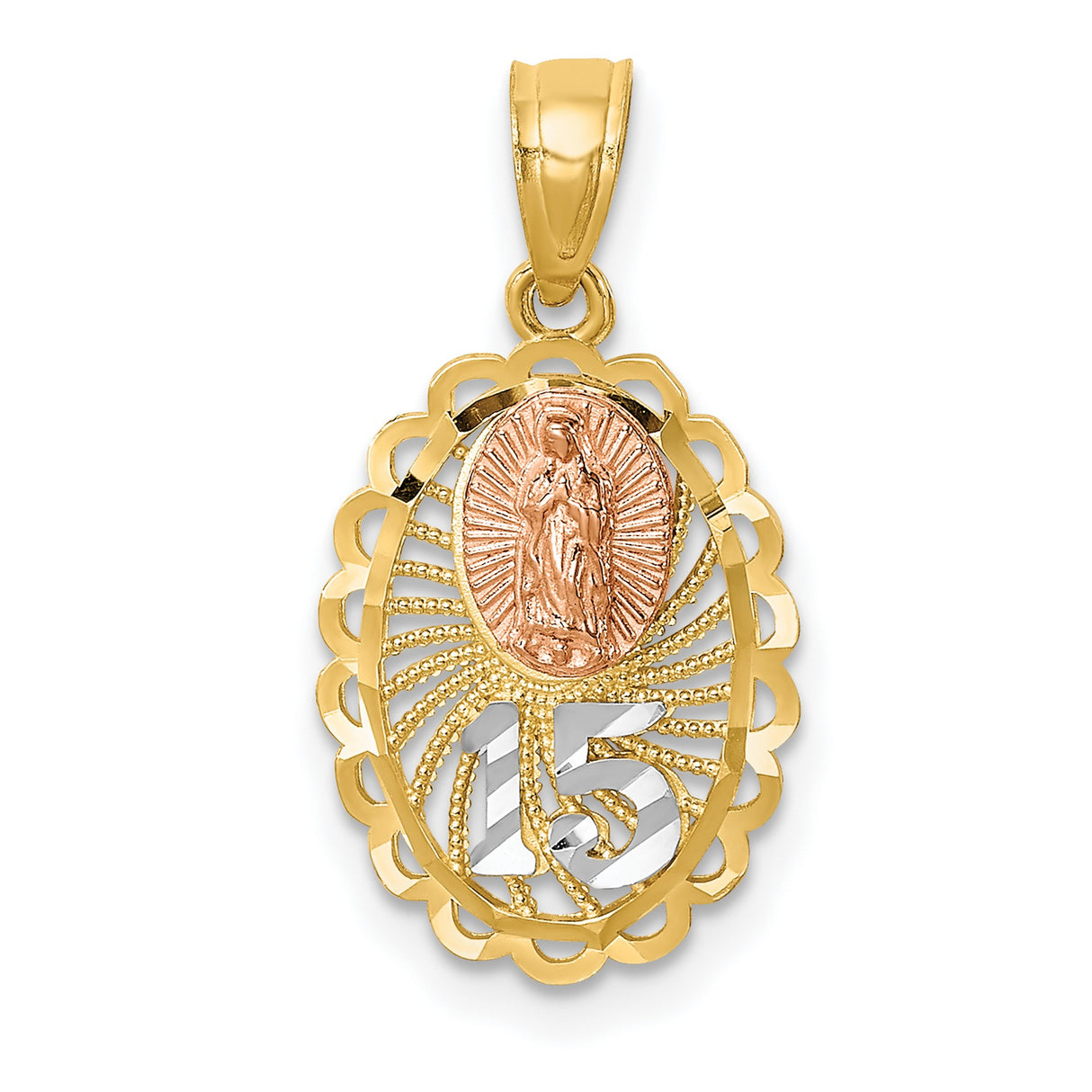 Number 15 with Our Lady of Guadalupe Oval Charm Pendant in Real 14k Multi-Tone Gold