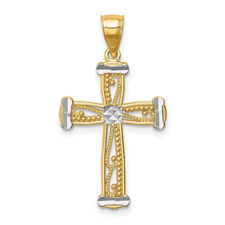 14k Two-Tone Gold Cross Pendant with Textured Beading and Ornate Arms