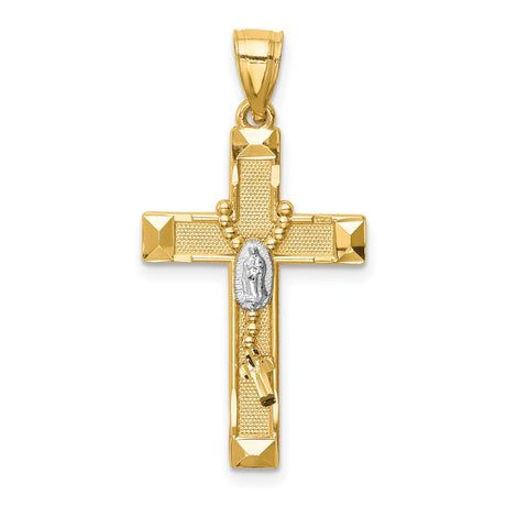 14k Two Tone Gold Crucifix Cross Pendant with Beveled Edges and Virgin Medallion