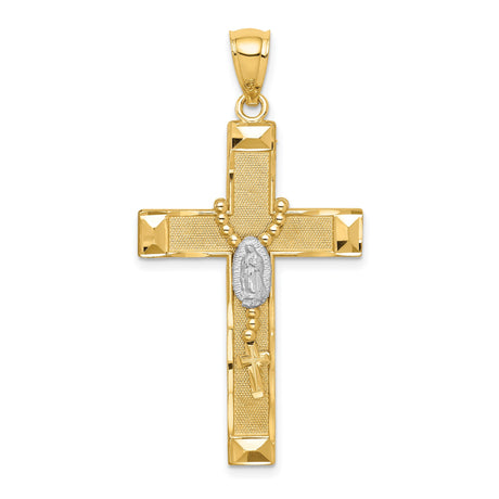 14k Two-Tone Gold Cross Pendant with Rosary Charm, Latin Religious Design for Men and Women