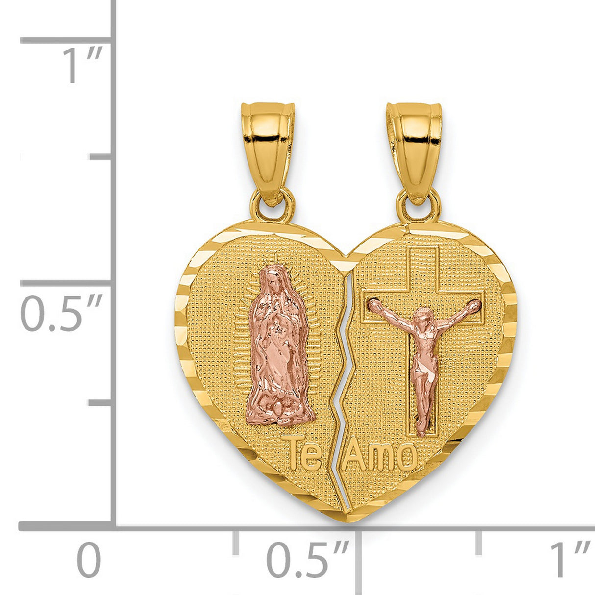 Our Lady of Guadalupe Crucifix Break Apart Heart Te Amo Words Charm Pendant in Real 14k Multi-Tone Gold