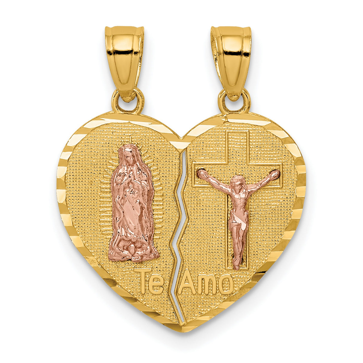 Our Lady of Guadalupe Crucifix Break Apart Heart Te Amo Words Charm Pendant in Real 14k Multi-Tone Gold