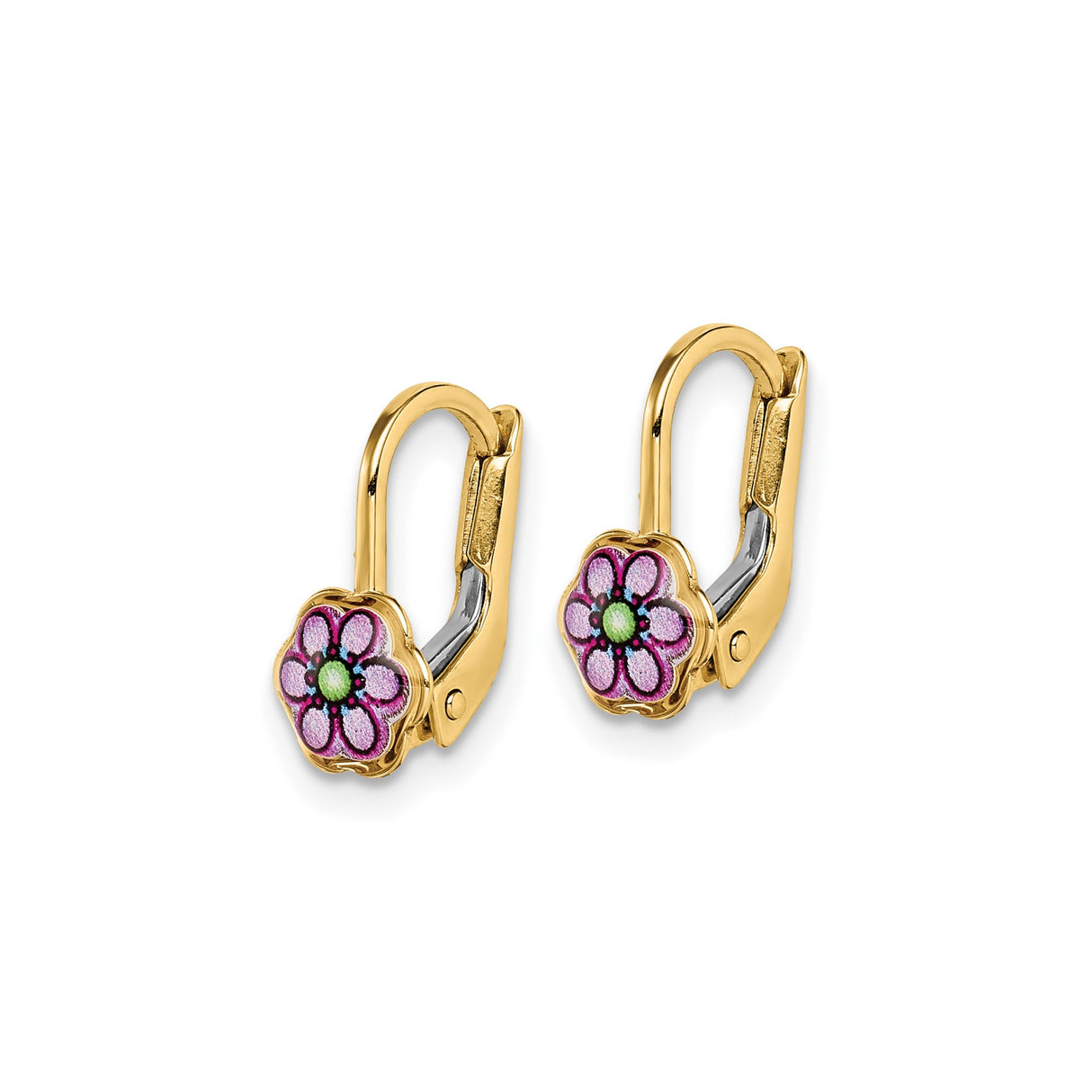 14k Yellow Gold Leverback Earrings with Pink and Green Enamel Floral Design for Girls