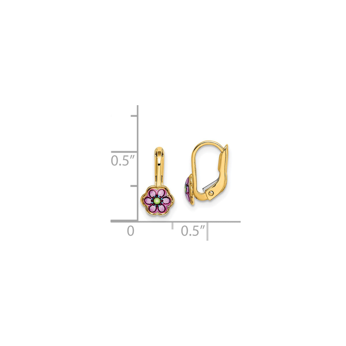 14k Yellow Gold Leverback Earrings with Pink and Green Enamel Floral Design for Girls