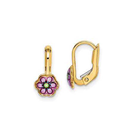 14k Yellow Gold Leverback Earrings with Pink and Green Enamel Floral Design for Girls