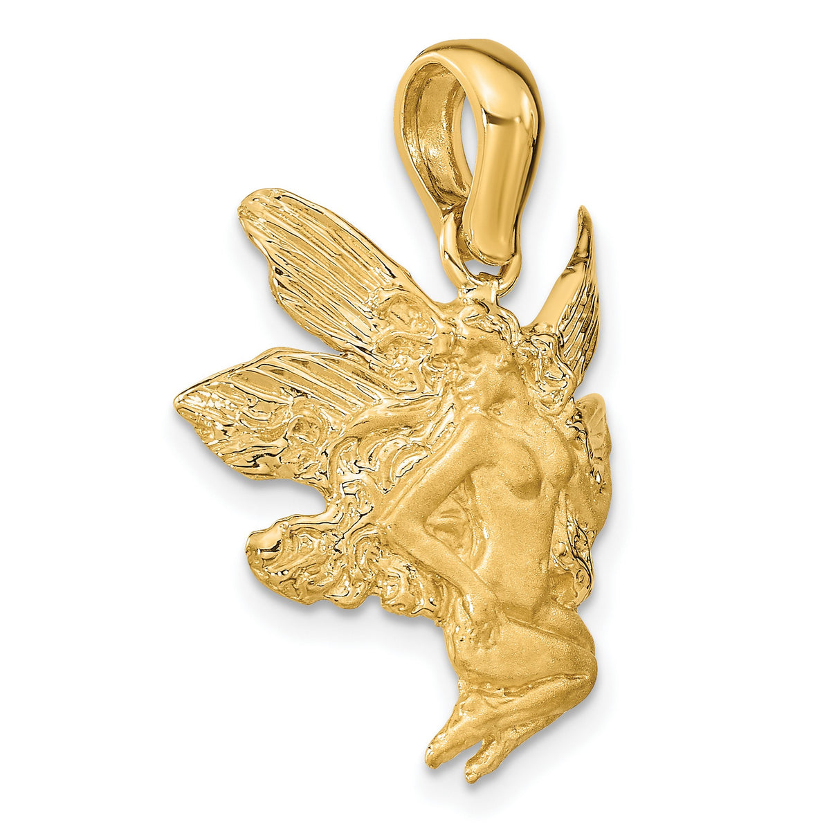 14k Yellow Gold Fairy Pendant with Winged Female Figure, Fantasy-Inspired Design