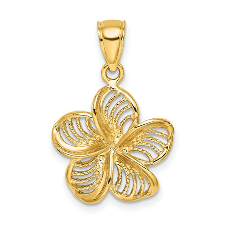 14k Yellow Gold Plumeria Pendant with Openwork Floral Design, Tropical Flower Charm for Women