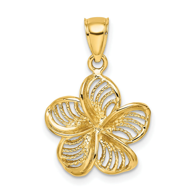 14k Yellow Gold Plumeria Pendant with Openwork Floral Design, Tropical Flower Charm for Women
