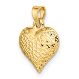 14k Yellow Gold Heart Pendant, Textured Diamond Cut Puffed Charm for Women