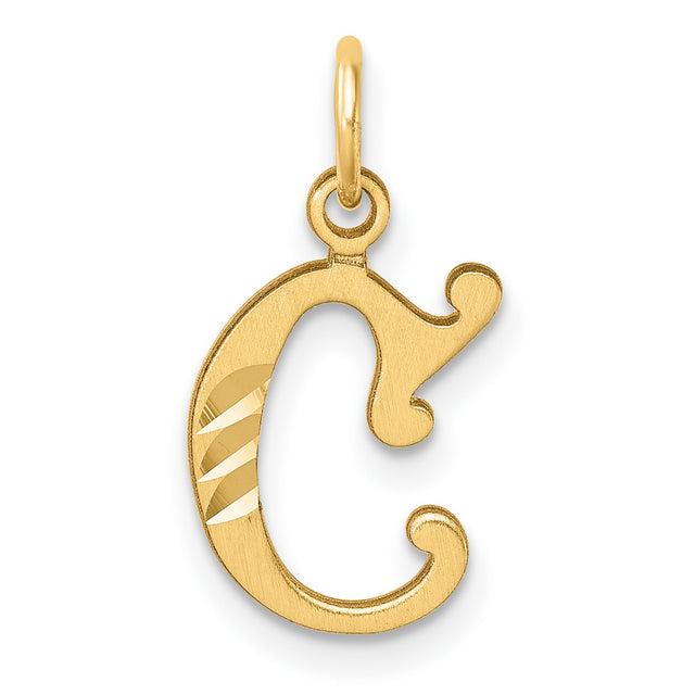 14k Yellow Gold Initial C Pendant, Polished and Textured Script Letter Charm for Women or Unisex