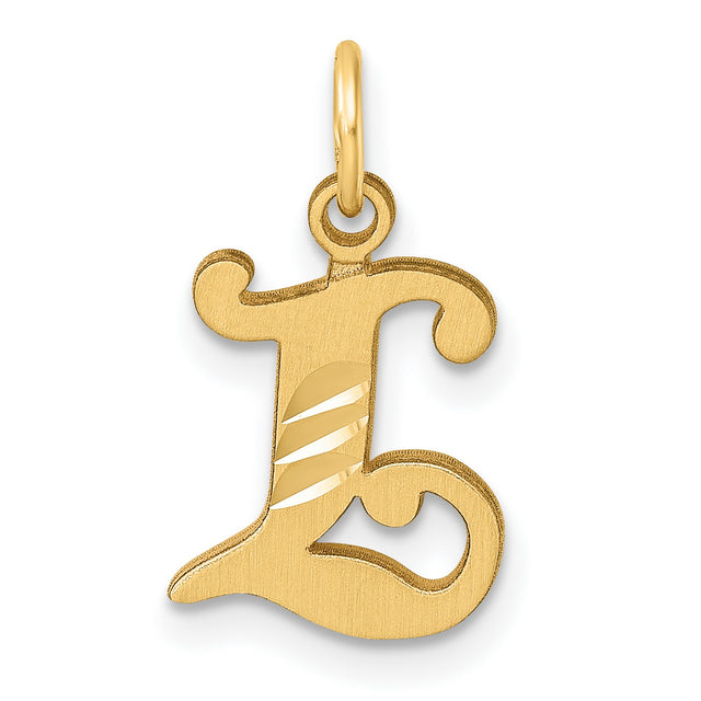 14k Yellow Gold Script Letter L Pendant Charm with Brushed Finish and Polished Accents