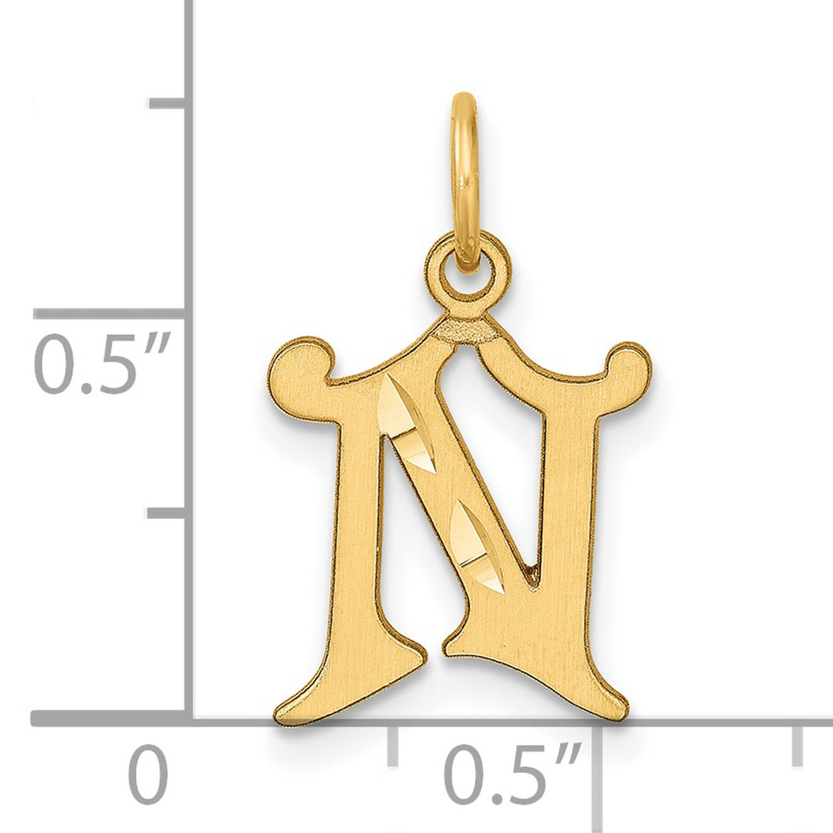 14k Yellow Gold Letter N Pendant, Polished and Textured Old English Script Charm