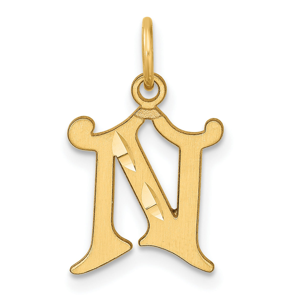 14k Yellow Gold Letter N Pendant, Polished and Textured Old English Script Charm