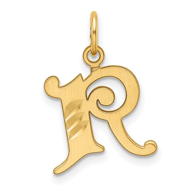 14k Yellow Gold Script Letter R Pendant with Satin Finish and Diamond-Cut Details