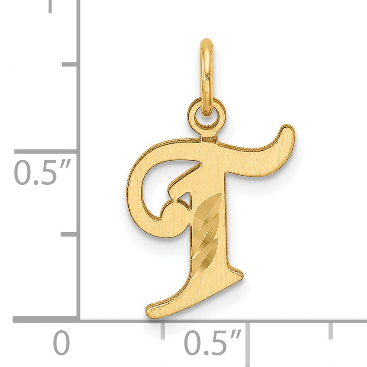 14k Yellow Gold Script Initial T Pendant, Polished and Brushed Finish, Diamond-Cut Detailing