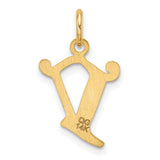 14k Yellow Gold V Initial Pendant, Script Letter Charm with Textured Diagonal Design
