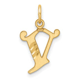 14k Yellow Gold V Initial Pendant, Script Letter Charm with Textured Diagonal Design