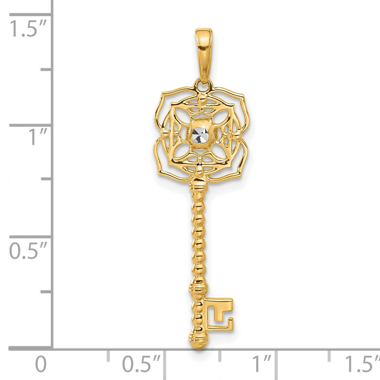 14k Multi-Tone Gold Key Pendant with Floral Filigree Design, Vintage Style Charm for Women