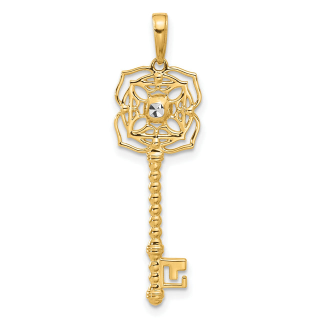 14k Multi-Tone Gold Key Pendant with Floral Filigree Design, Vintage Style Charm for Women