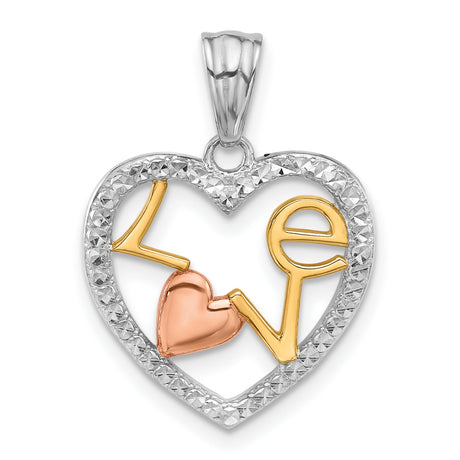 Diamond-Cut LOVE in Heart Charm Pendant in Real 14k Multi-Tone Gold