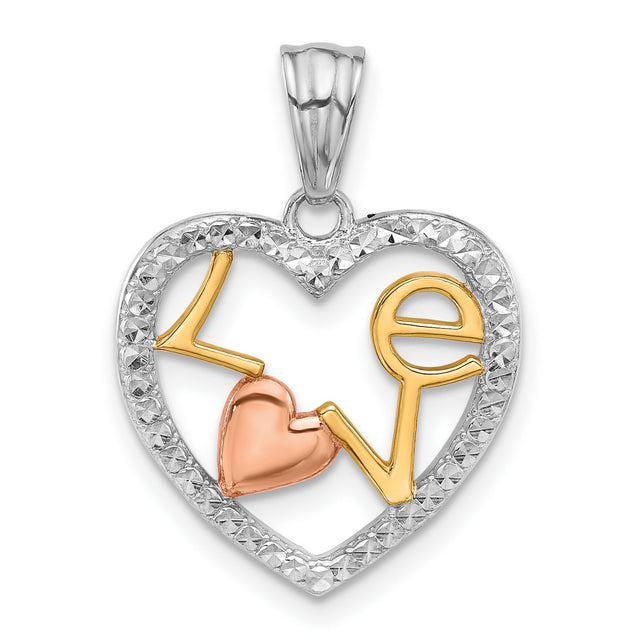 Diamond-Cut LOVE in Heart Charm Pendant in Real 14k Multi-Tone Gold