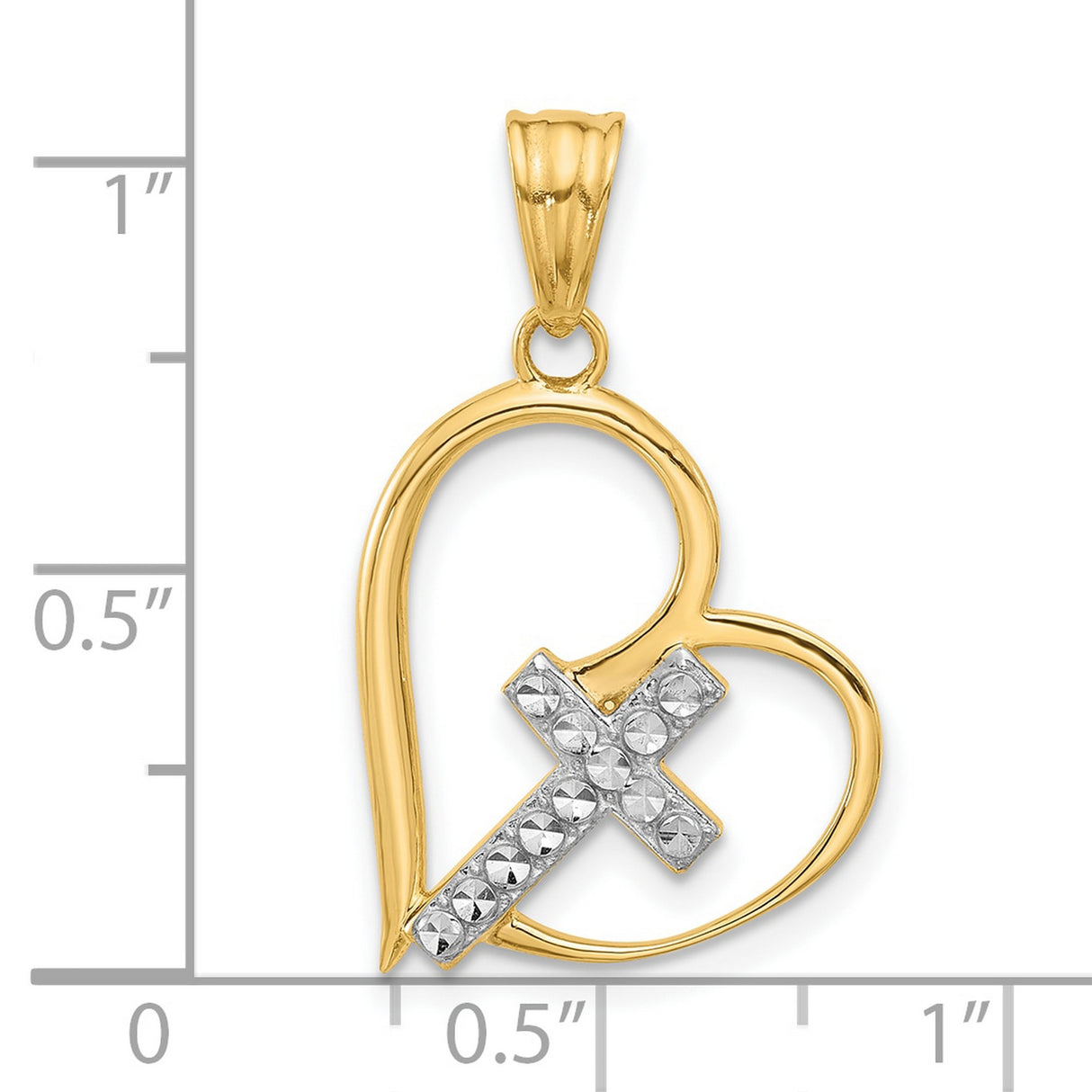 Diamond-Cut Cross in Heart Charm Pendant in Real 14k Multi-Tone Gold