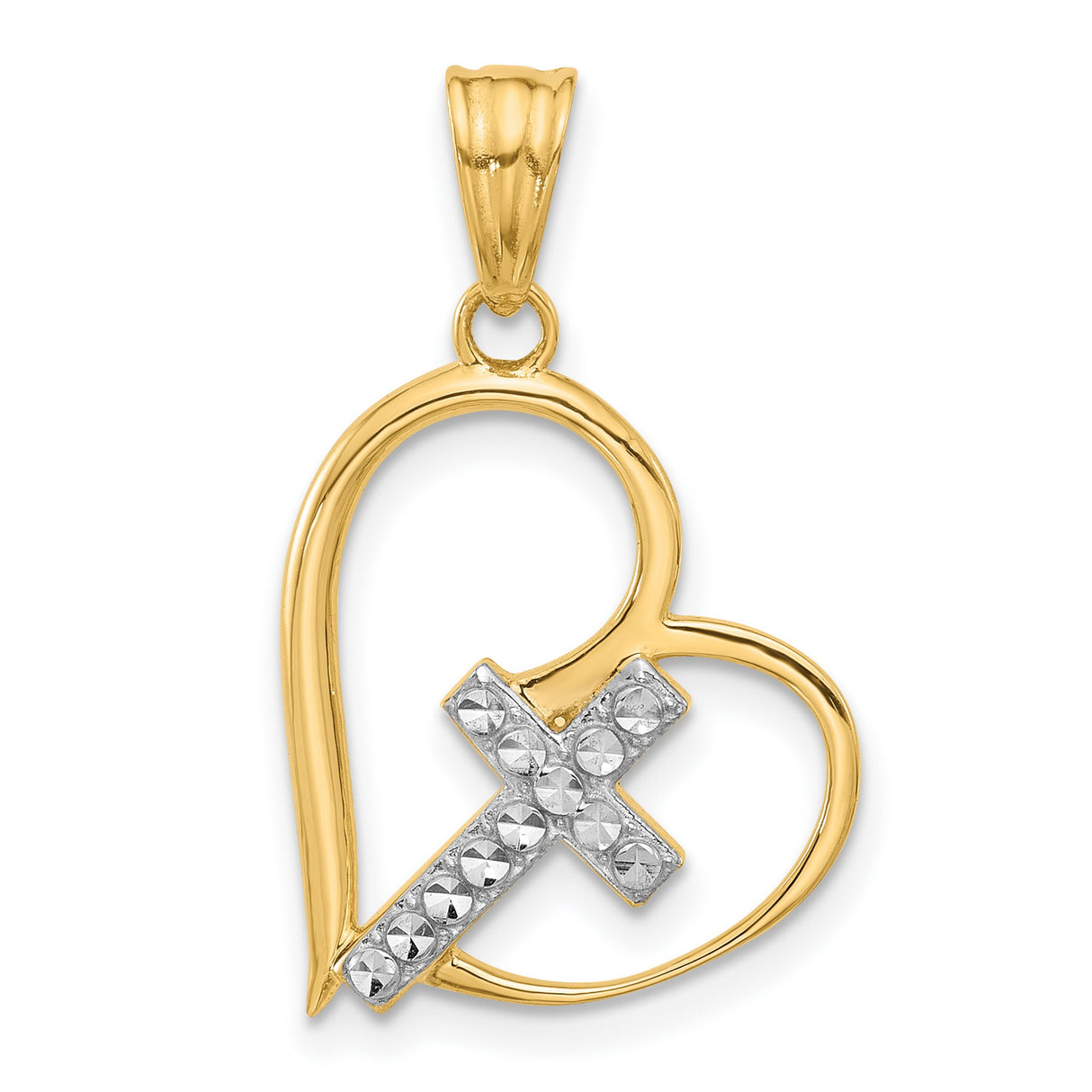 Diamond-Cut Cross in Heart Charm Pendant in Real 14k Multi-Tone Gold