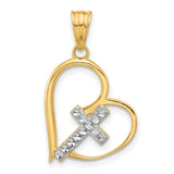 Diamond-Cut Cross in Heart Charm Pendant in Real 14k Multi-Tone Gold