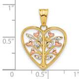 14k Tri-Tone Gold Tree of Life Pendant with Heart-Shaped Leaves and Rhodium Accents