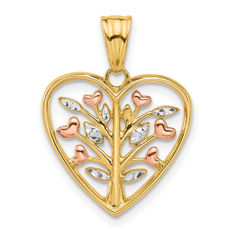 14k Tri-Tone Gold Tree of Life Pendant with Heart-Shaped Leaves and Rhodium Accents
