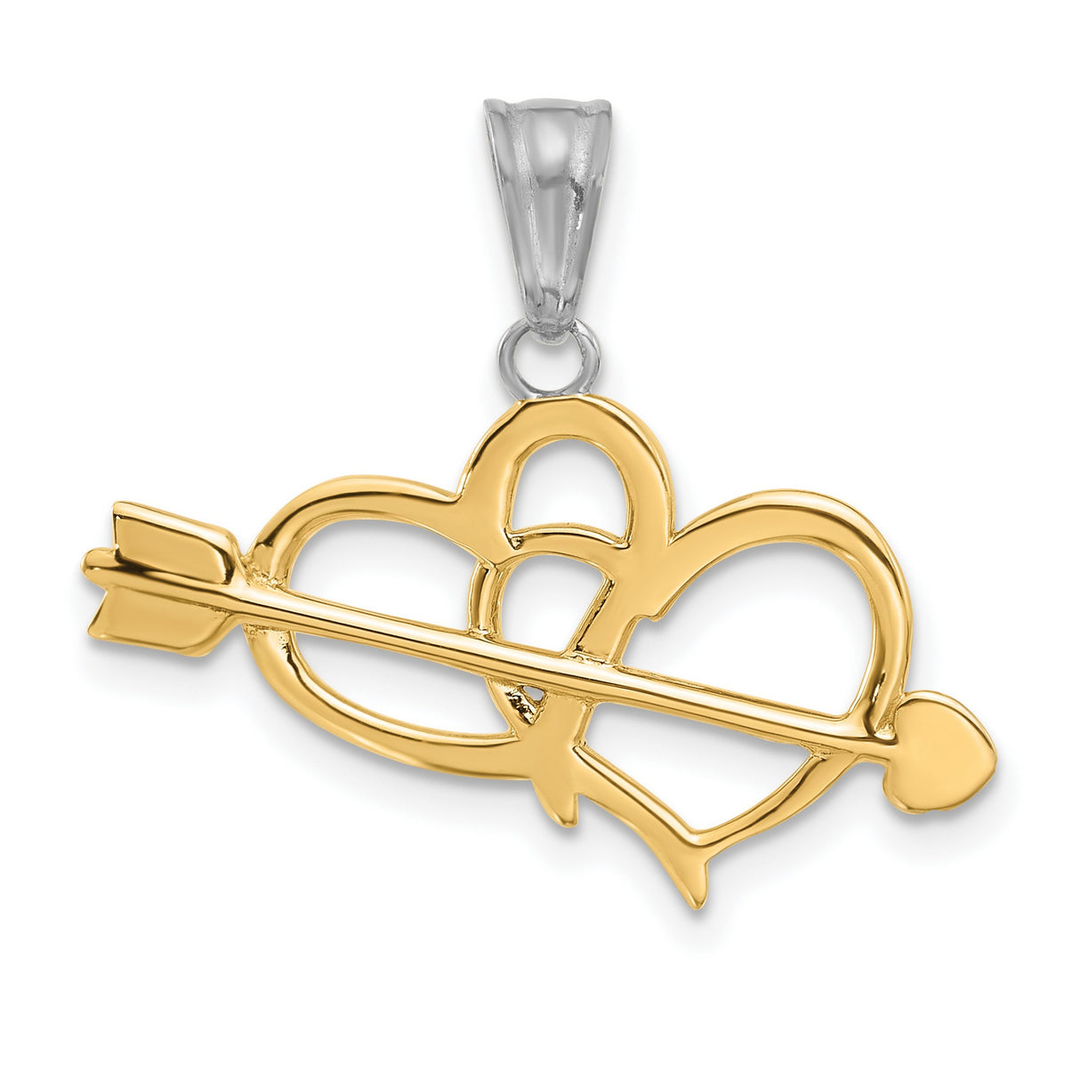 14k Yellow Gold Two-Tone Double Heart Pendant with Arrow, Interlocking Love Charm