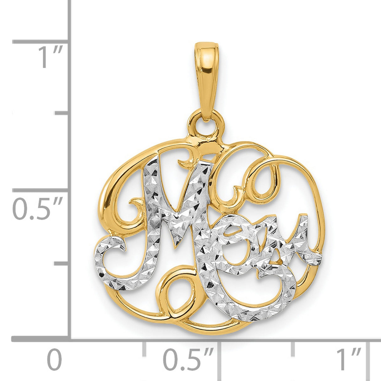 14k Multi-Tone Gold Mom Pendant with Diamond Cut Script and Textured Design for Women