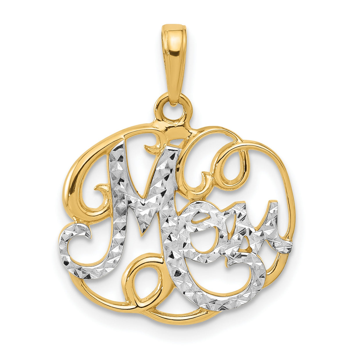 14k Multi-Tone Gold Mom Pendant with Diamond Cut Script and Textured Design for Women