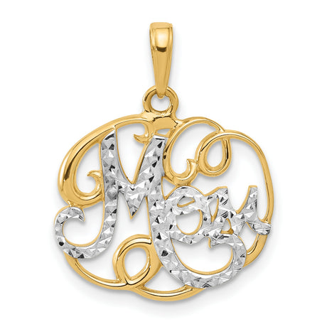 14k Multi-Tone Gold Mom Pendant with Diamond Cut Script and Textured Design for Women