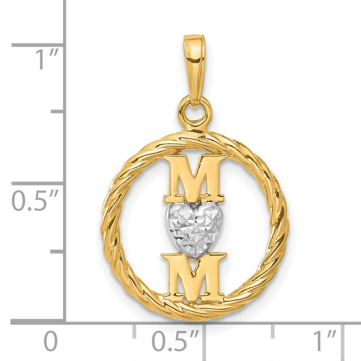 14k Two-Tone Gold Pendant with Double M Letters and Diamond-Cut Rhodium Heart Accent