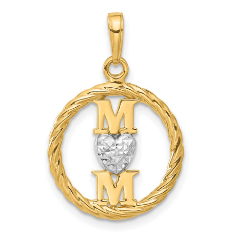 14k Two-Tone Gold Pendant with Double M Letters and Diamond-Cut Rhodium Heart Accent