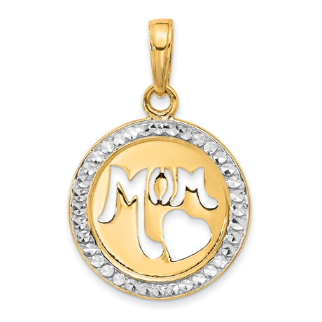 14k Multi-Tone Gold Round Pendant with Cutout MOM Heart Design for Women