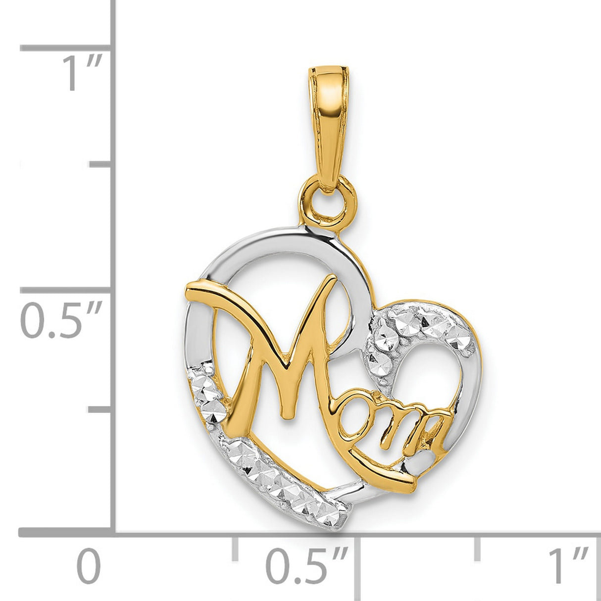 14k Two-Tone Gold Heart Pendant with Diamond-Cut Mom Script Design for Women
