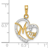 14k Two-Tone Gold Heart Pendant with Diamond-Cut Mom Script Design for Women